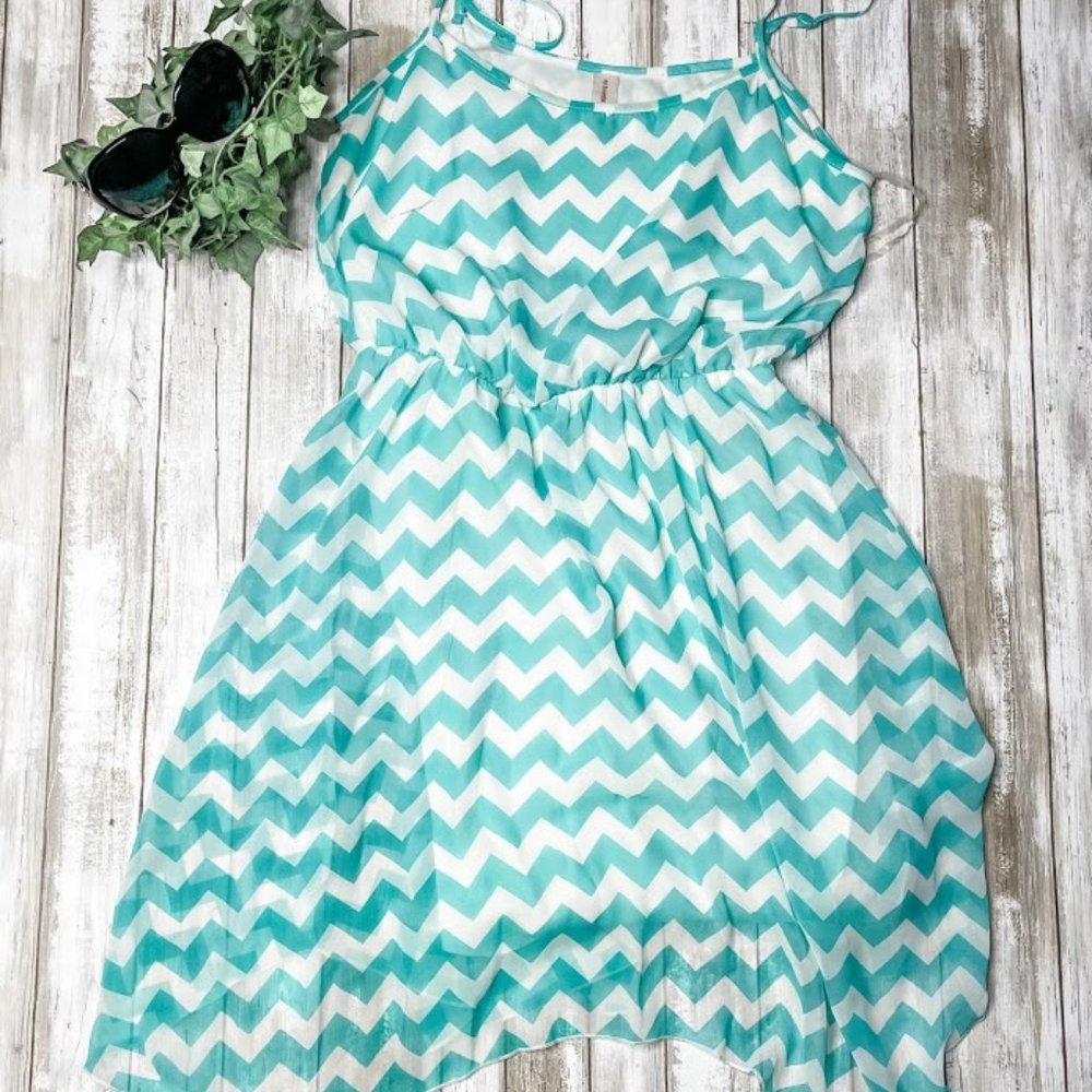 No Boundaries Light Blue Chevron Mini Dress